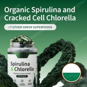Organic Spirulina and Chlorella Protein Rich Blue Green Algae Superfood Supplement for Energy and Immune Support 120 Capsules